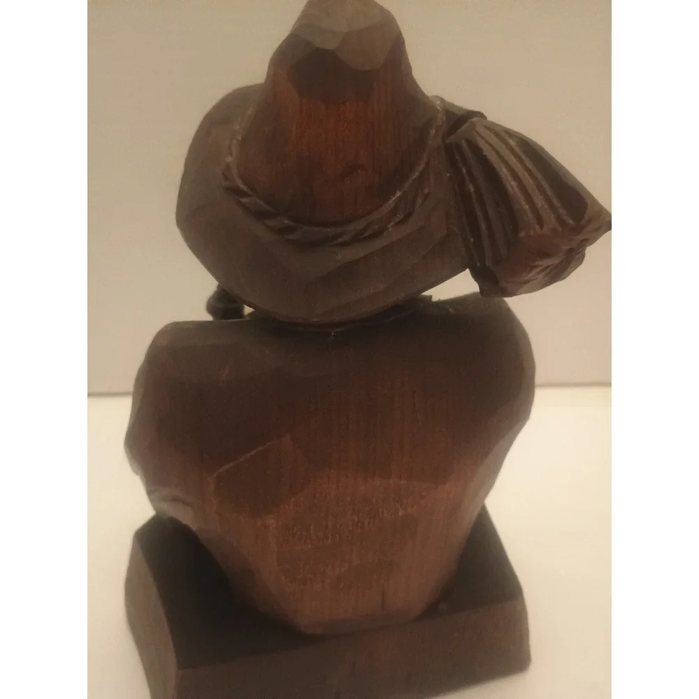 Vintage Folk Art Wood Carving Old Man Smoking Pipe Rustic